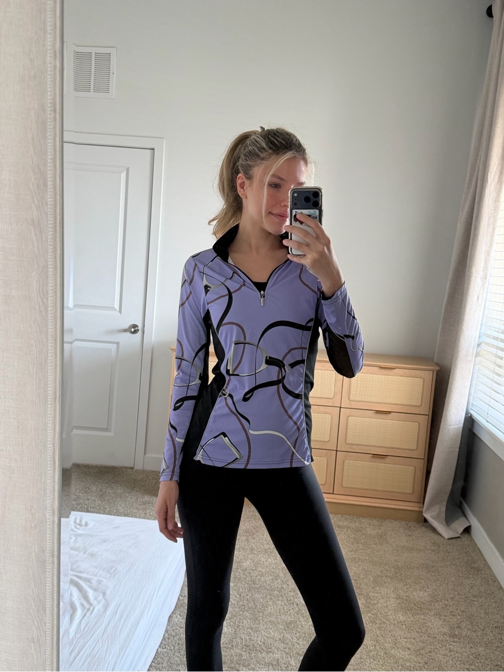 Arista Equestrian Bit & Stirrup Print Quarter-Zip Sun Shirt — Lavender/Black
